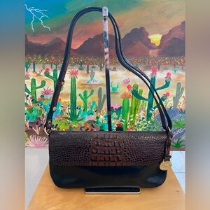 Brahmin Trevor Croc Embossed Leather Shoulder Bag,Small, Blk/Brn